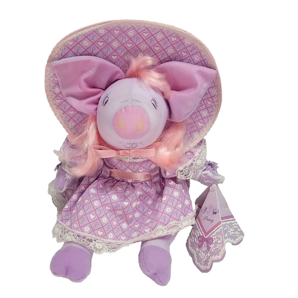 Pretty Piggies Hallmark Prissy Pig Plush 11" Southern Bell Purple Pink Tomy 1989 - Picture 6 of 16